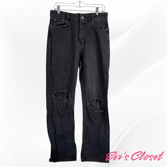 Zara Women's Black Relaxed Fit High Rise Wide Legs Distressed Ripped Knees Sz 8 - Picture 3 of 8